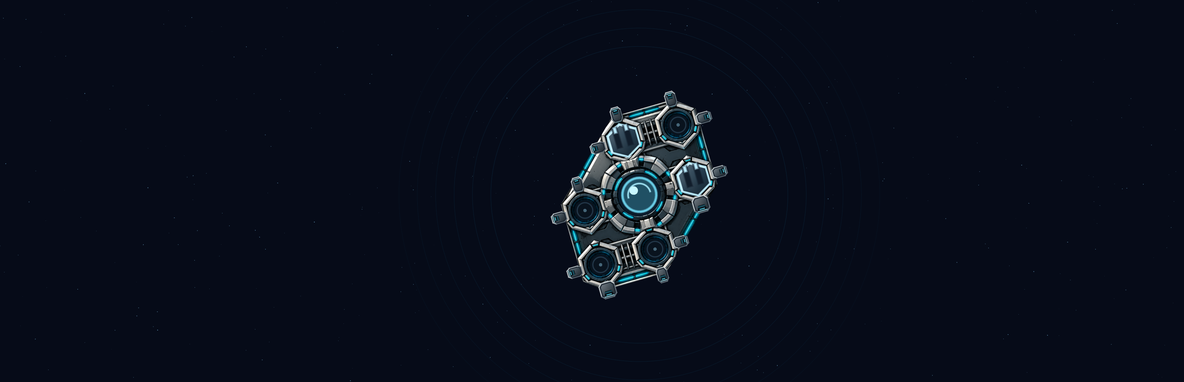 A modular spacecraft with a glowing cyan core, from the SE2 project